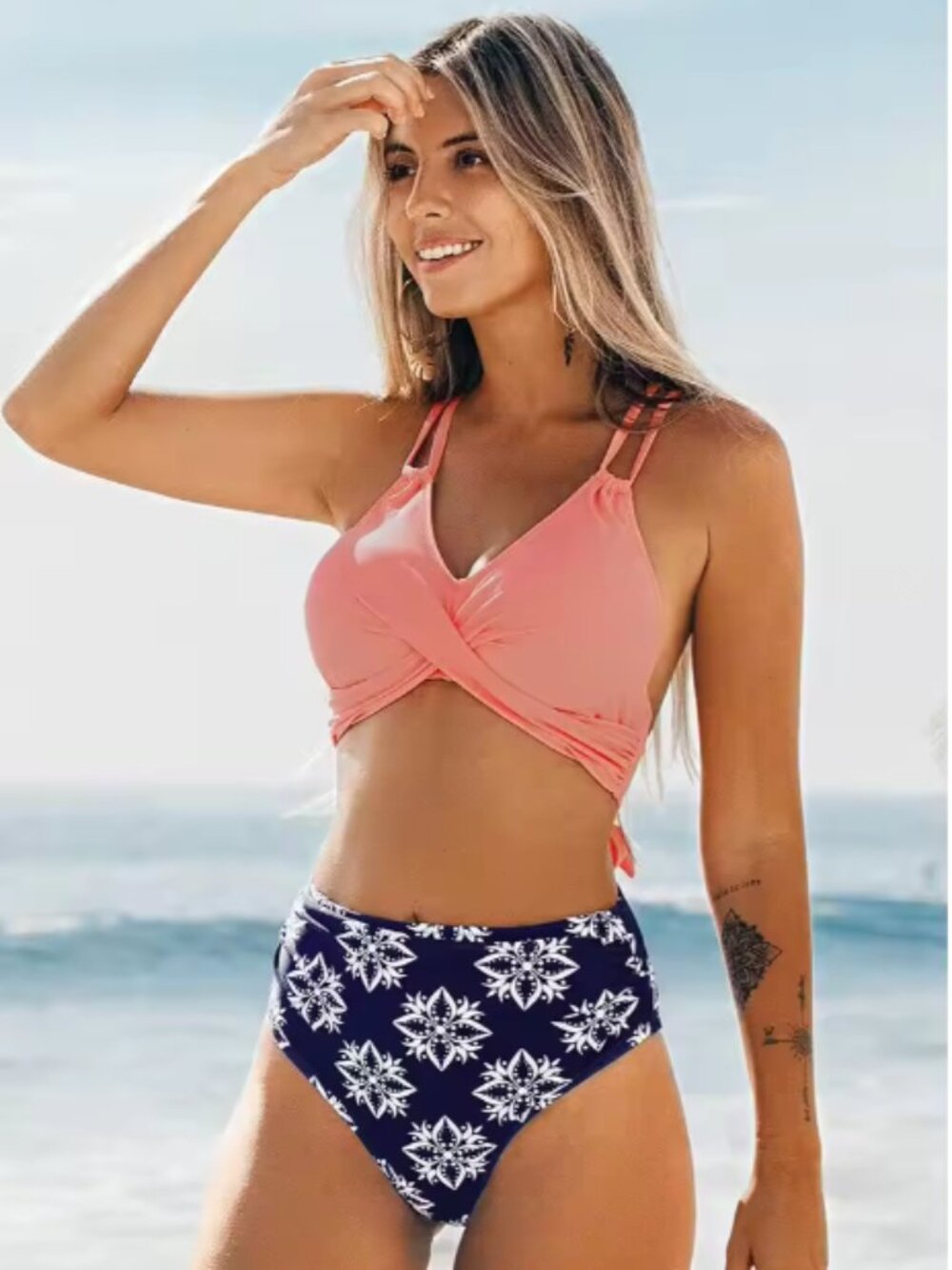 NWT Cupshe Boho Print Bikini Bottoms sz L Navy Blue White Floral Geometric Beach
